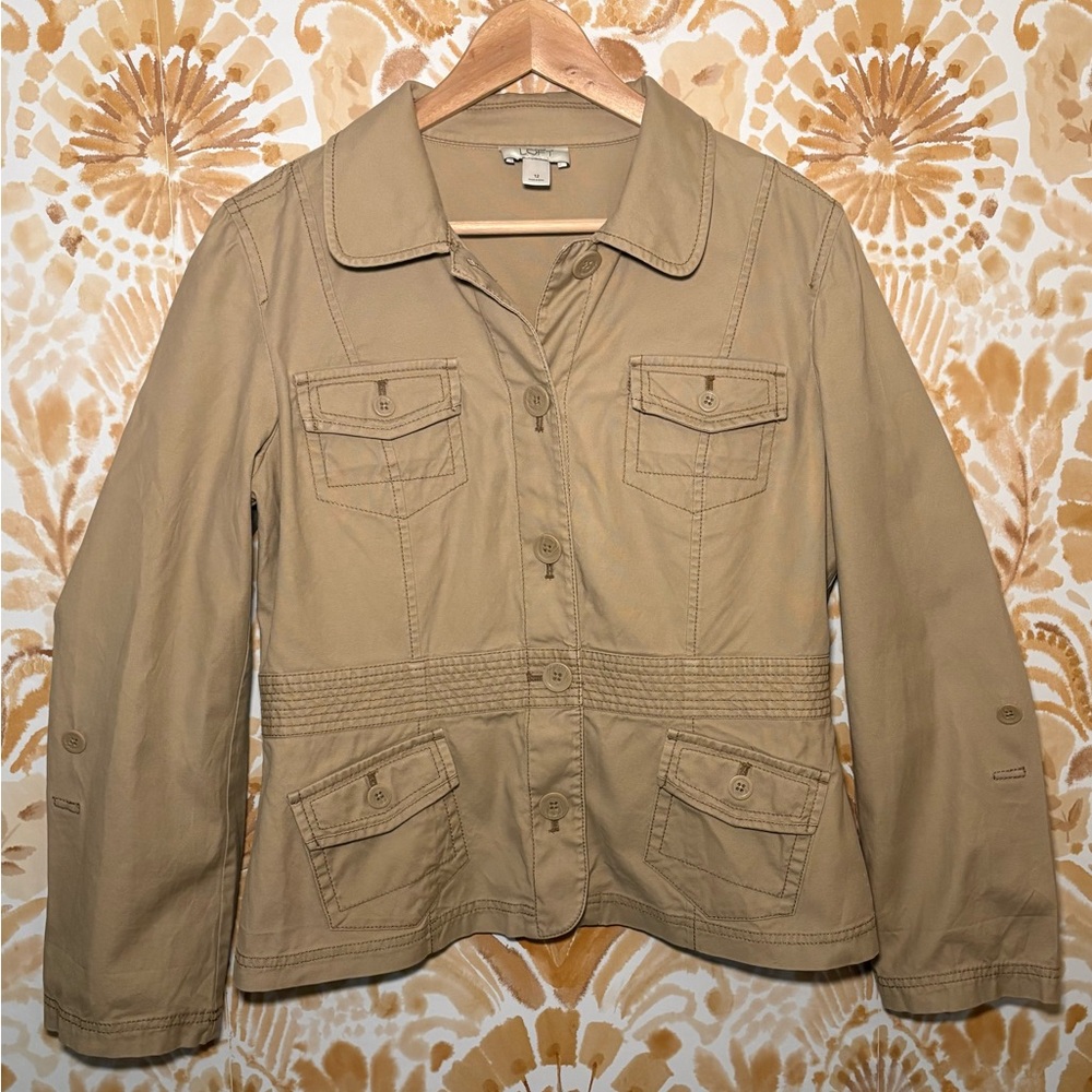 LOFT Tan Safari Style Feminine Utility Jacket with Cinched Waist Detailing 12 - Picture 2 of 7